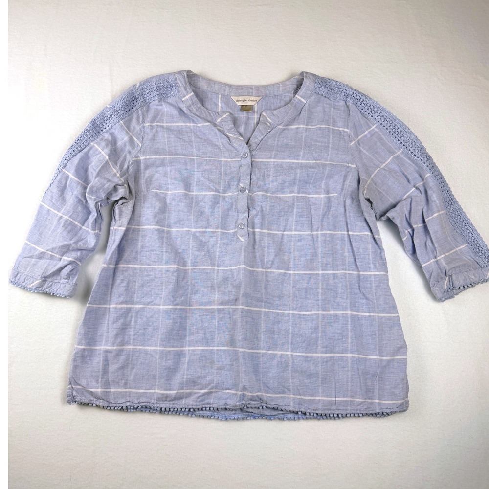 Christopher & Banks Blue Windowpane Plaid Crochet Lace Pom Pom Blouse XL 008036